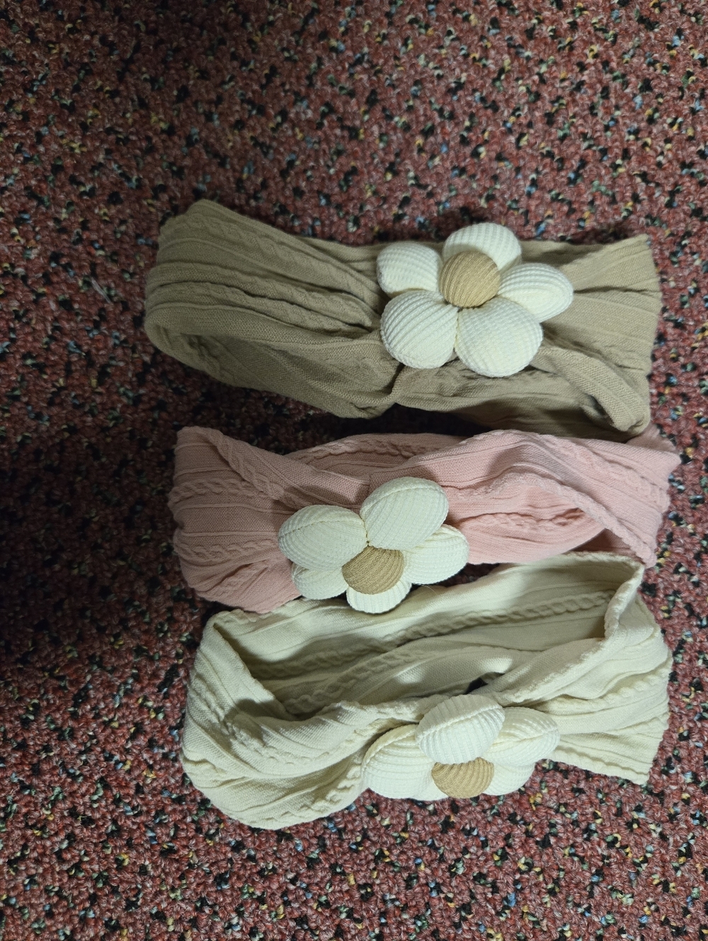 Set of 3 Floral Knit Headbands - Beige, Pink, Cream